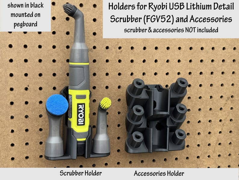 May include: Black holders for a Ryobi USB Lithium Detail Scrubber (FGV52) and accessories. The image shows a scrubber holder with a yellow and gray scrubber and two accessories. The text on the image says "scrubber & accessories NOT included."