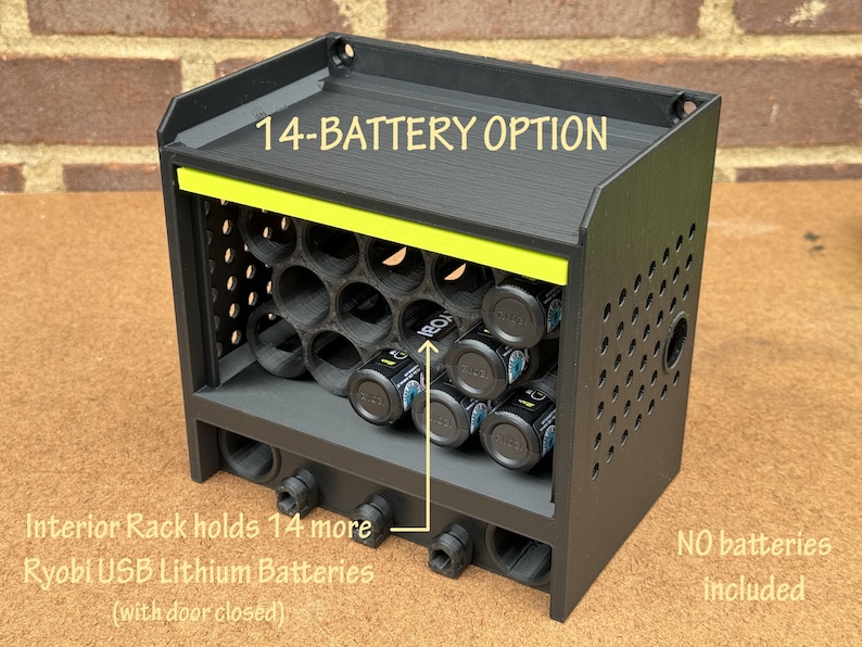 May include: Black plastic battery storage organizer with a yellow stripe on the top. The organizer has a label that reads "14-BATTERY OPTION". The organizer holds 14 Ryobi USB Lithium Batteries. The text "NO batteries included" is visible on the right side of the organizer.