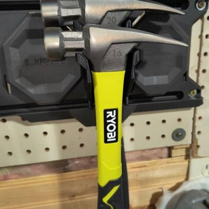 Double hammer holder for Ryobi link wall rails, pegboard, or wall. Garage, shop, mancave, she-shed, workshop, workbench, tool storage
