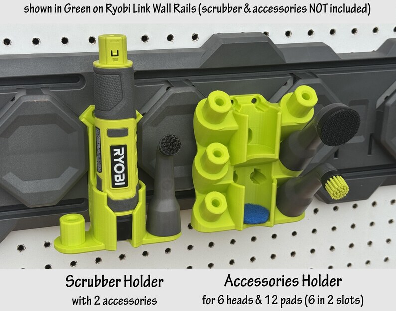 May include: Green and gray Ryobi Link Wall Rails with a scrubber holder and an accessories holder. The scrubber holder has 2 accessories. The accessories holder is for 6 heads and 12 pads (6 in 2 slots). The Ryobi logo is visible.