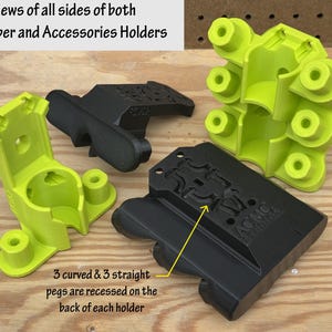 May include: An overhead view of several scrubber and accessories holders in lime green and black. The text reads "views of all sides of both Scrubber and Accessories Holders." The text also indicates that there are 3 curved and 3 straight pegs recessed on the back of each holder.