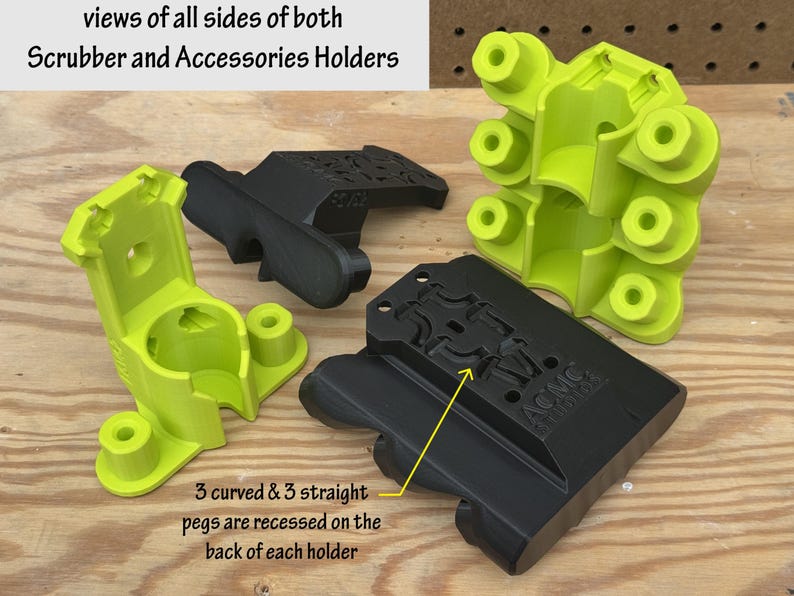 May include: An overhead view of several scrubber and accessories holders in lime green and black. The text reads "views of all sides of both Scrubber and Accessories Holders." The text also indicates that there are 3 curved and 3 straight pegs recessed on the back of each holder.