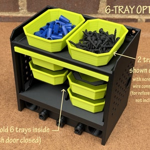 May include: A black 6-tray storage organizer with a shelf that holds 6 trays inside. The organizer has two trays on top, one filled with blue wire connectors and the other with black screws. The text "6-TRAY OPTION" is written above the organizer. The text "2 trays shown on top with screws and wire connectors (for reference only, not included)" is written to the right of the organizer. The text "shelf hold 6 trays inside (with door closed)" is written below the organizer.