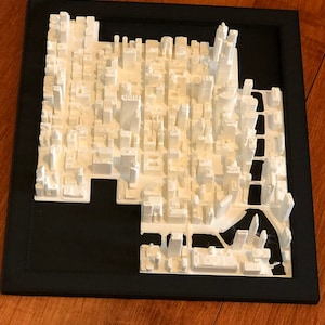 3D-geprint stadsmodel van Chicago. PLA-kunststof. 6 x 7 x 2 inch (bij het hoogste gebouw)