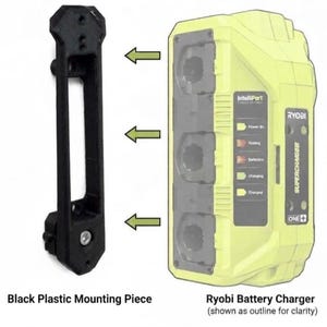 May include: A black plastic mounting piece positioned to the left of a lime green Ryobi Supercharger battery charger. The charger features an IntelliPort label and status indicator lights. Three arrows point from the mount to the charger.