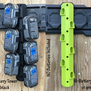 Battery Storage Tower for Ryobi 18v One+ Batteries | Mounts to Ryobi Link Wall Rails | Tool Storage & Space Saver for garage or shop