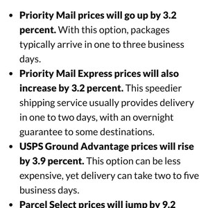 May include: A text-based document outlining the price increases for various USPS shipping services. The document lists the services, including Priority Mail, Priority Mail Express, USPS Ground Advantage, and Parcel Select, and the corresponding percentage increases for each service.
