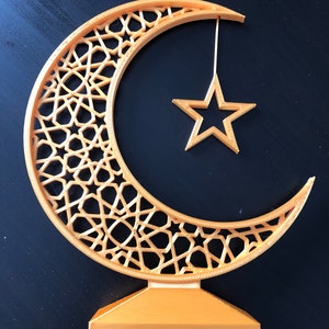Crescent moon and star Eid and Ramadan Islamic decoration 8.75&quot; tall from bottom of base to top of moon. Moon is 7.5” tall