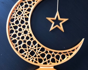 Crescent moon and star Eid and Ramadan Islamic decoration 8.75&quot; tall from bottom of base to top of moon. Moon is 7.5” tall
