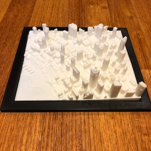 Seattle skyline architecture modern cityscape. 8”x7” 3D printed model engineering, buildings, city, Washington
