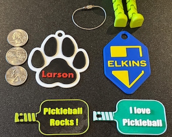 Pickleball paddle, Paw print, or custom Keychain / bag tag- School Sports, ID. Custom wording or name.