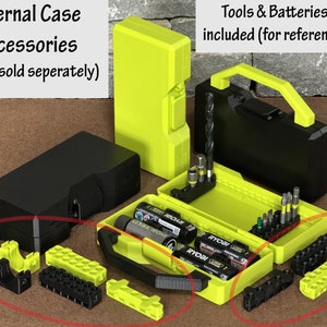 Könnte beinhalten: Eine Auswahl an schwarzen und neongrünen Innenzubehörteilen für Werkzeug- und Batteriekoffer. Das Bild zeigt offene und geschlossene Koffer sowie verschiedene Organizer und Halterungen. Der Text auf dem Bild lautet "Internal Case Accessories" und "Tools & Batteries NOT included (for reference only)".