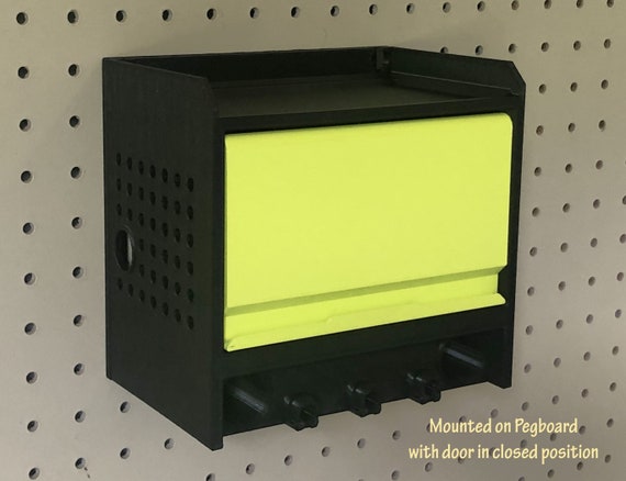 Mini Cabinet for Wall, Pegboard, or Ryobi Link Wall Rails holds USB Lithium batteries, keychains, lanyards, bits, pencils, and more
