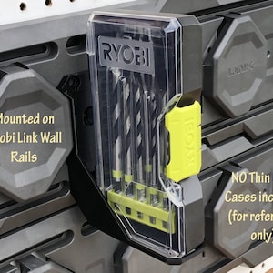 Thin Ryobi bits case holder for wall, pegboard, or Ryobi Link Wall Rails. Garage shop power tool storage organizer