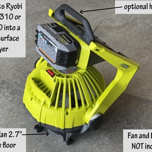 May include: A yellow and black floor dryer stand for a Ryobi fan. The stand raises the fan 2.7 inches above the floor and has an optional handle. The fan and battery are not included.