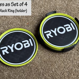 Set of 4 Ryobi coasters and holder. Custom designed. Printed to order