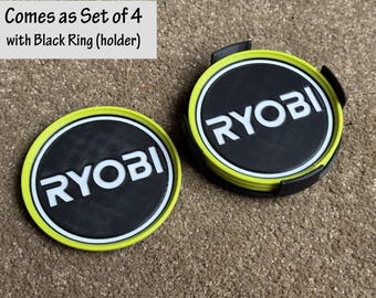 Set of 4 Ryobi coasters and holder. Custom designed. Printed to order