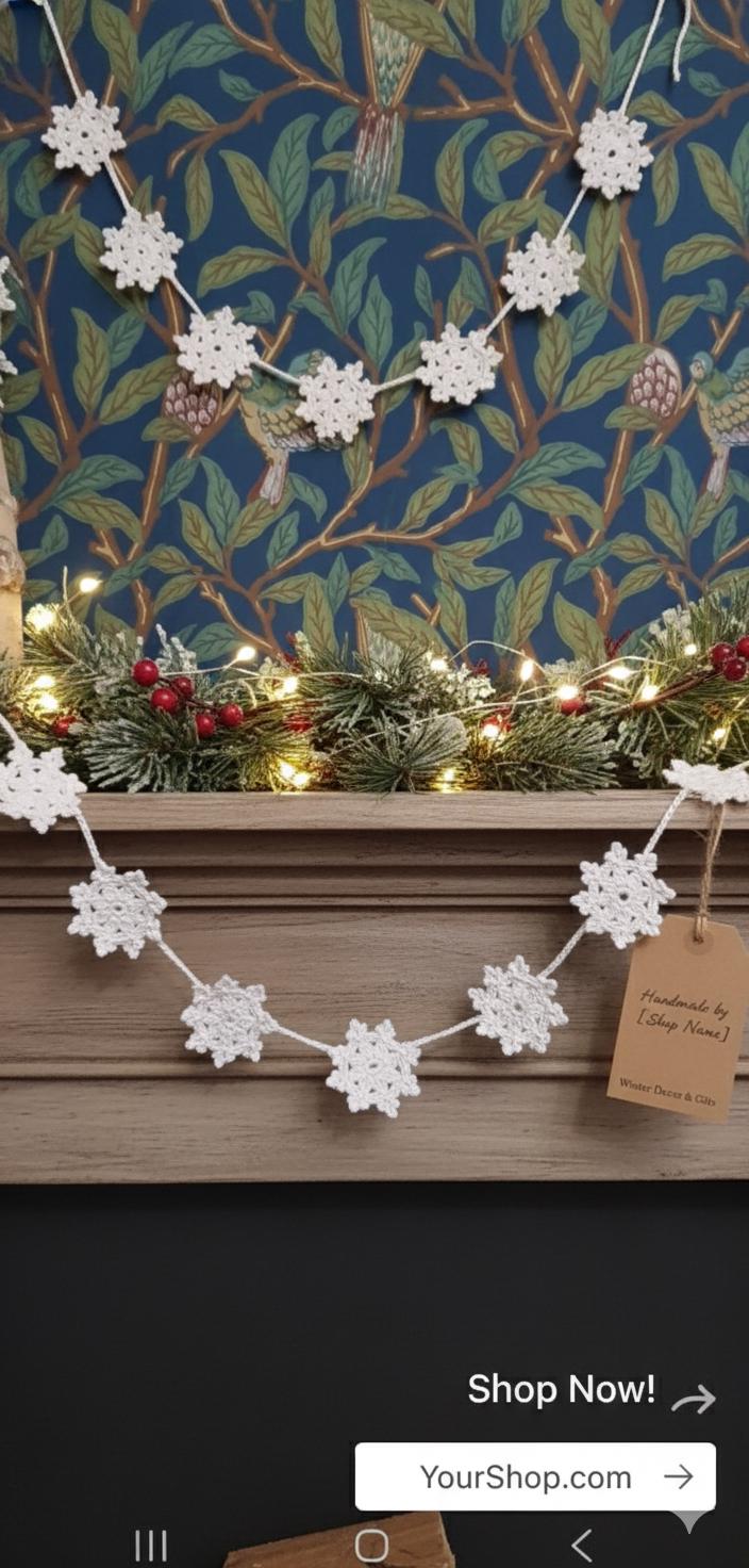Handmade Crochet Snowflake Garland - 100% Cotton Winter Decor