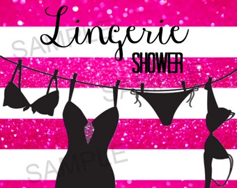 May include: A pink and white striped invitation with the words "Lingerie Shower" in black script. Silhouettes of lingerie hang on a clothesline. The invitation includes space for the name, date, time, address, and RSVP information.