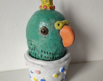 Handmade ceramic green budgie bird lidded vessel