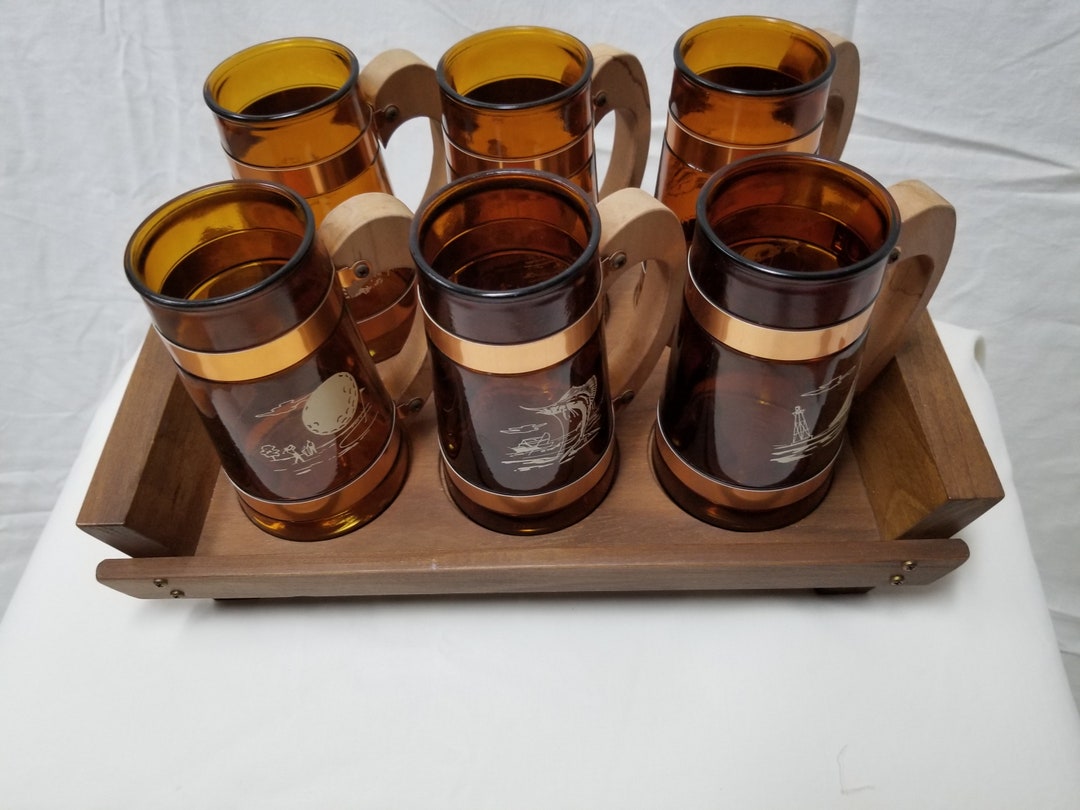 Six Sierra Ware Sportsman Beer Mugs and Tray Sportsman Gift Etsy