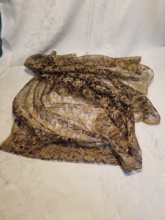 Vintage Lacy Brown Woman's Head Scarf