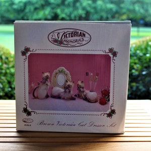 1991 NIB Brown Victorian Cat Dresser Set + Victorian Memories + Porcelain Cats + Cat Vanity Set w Brushes + Vintage Cats + 1990's Decor