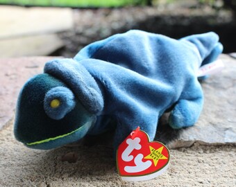 1997 RETIRED Original + Rainbow the Chameleon + TY Beanie Baby + Near Mint + PVC Pellets + 1997 Chameleon Beanie Baby + Vintage Plush Toy