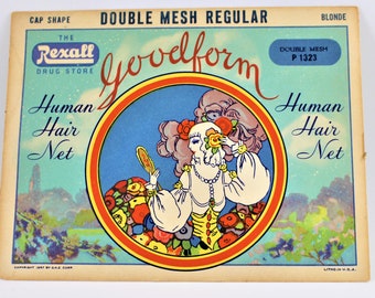 1940’s Beauty Product + Lithograph + Vintage Design+ Antique Ad + Hair Net + Human Hair + Goodform + BLONDE + Rexall Drug+ Dead Stock