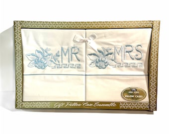 Mid Century Modern Bed Linens + Mr and Mrs Cotton Pillow Cases + Vintage Wedding Gift + Artlin Fifth Avenue + Dead Stock