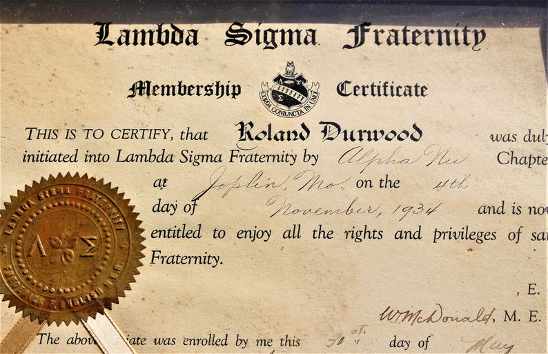1934 Lambda Sigma Fraternity + 1934 Fraternity Membership Certificate ...