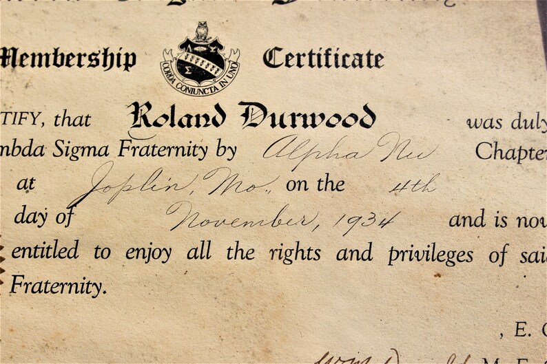 1934 Lambda Sigma Fraternity + 1934 Fraternity Membership Certificate ...