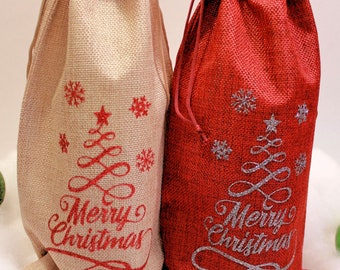 Merry Christmas Wine Bag | Wine Gift Bag | Burlap Wine Bag | Dinner Guest Gift Bag | Wine Lover Gift Idea | Wine Tote | Holiday Gift