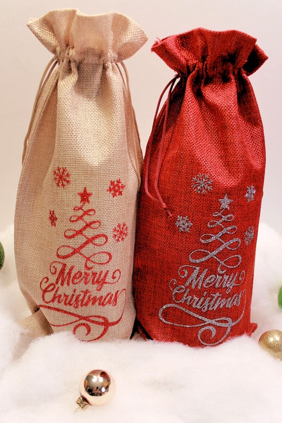 Merry Christmas Wine Bag Wine Gift Bag Burlap Wine Bag Dinner Guest  Gift Bag Wine Lover Gift Idea Wine Tote Holiday Gift