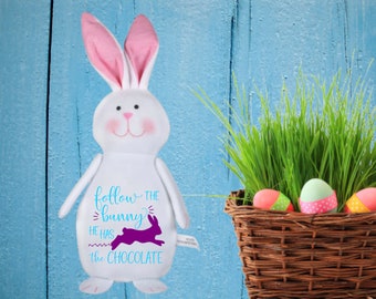 Follow The Bunny He Has Chocolate Plush Easter Bunny | Easter Basket Bunny | Kids Basket Stuffer | Plush Easter Rabbit | Can Be Personalized