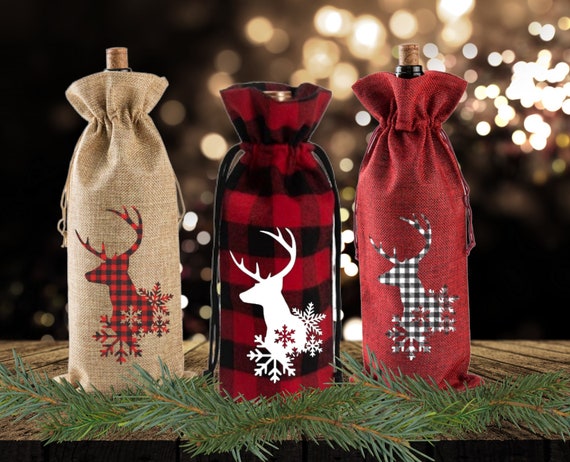 Deer Wine Gift Bag Buffalo Plaid Wine Bag Burlap Wine Bags Dinner Guest Gift Bag Wine Lover Gift Idea Wine Tote Holiday Gift Etsy