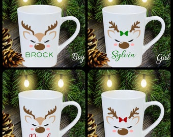 Personalized Reindeer Face Farmhouse Mug | Personalized Holiday Mugs | Winter Mugs | Kids Holiday Gifts | Perfect for Cocoa