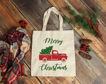 Merry Christmas Red Truck Tote | Christmas Totes | Holiday Totes | Christmas Bags | Gifts for Her