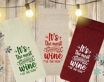 It's the Most Wonderful Wine of the Year Wine Bag | Red Natural White Burlap Wine Bag | Wine Lover Gift Idea | Wine Bag Gift | Holiday Gift
