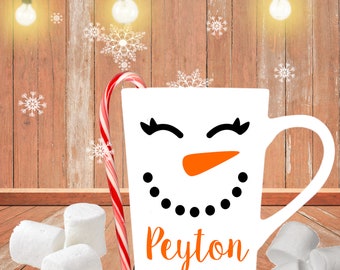 Personalized Snowman Face Farmhouse Mugs | Personalized Holiday Mugs | Winter Mugs | Kids Holiday Gifts | Perfect for Cocoa | 6 Face Options
