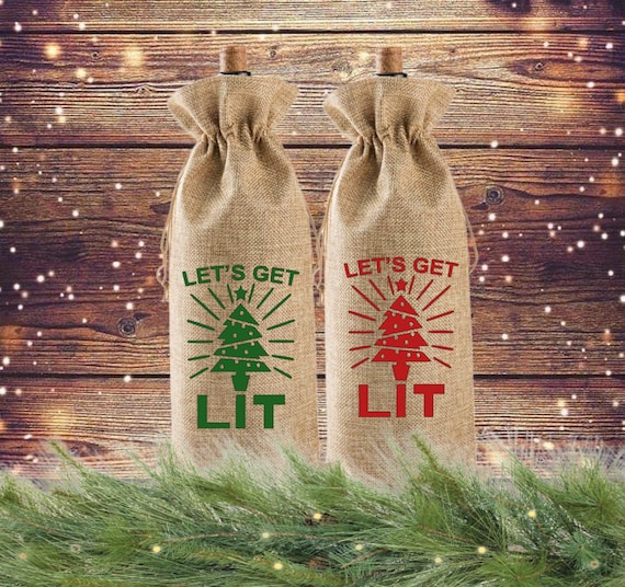 Let's Get Lit Wine Bag Wine Gift Bag Red Burlap Wine Bag