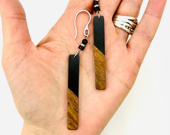 Long walnut wood earrings