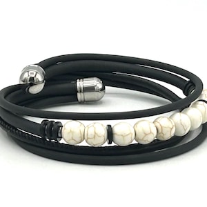 Men's bracelet, made of leather, rubber and 8 mm semi-precious stones, magnesite stone.