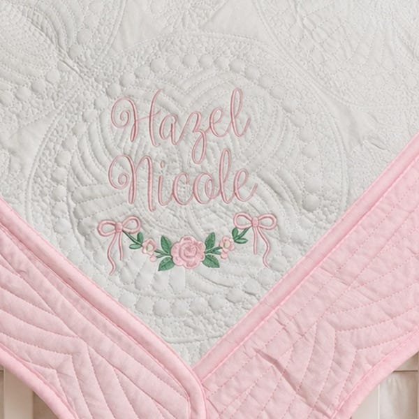 Vintage Floral Monogram Floral Embroidery Heirloom Quilt: Elegant Bow, Personalized Baby Blanket Sprinkle Shower