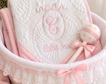 Monogrammed Baby Quilt: Embroidered blanket, Bow Detail, New Mom, Nursery Decor Shower Sprinkle