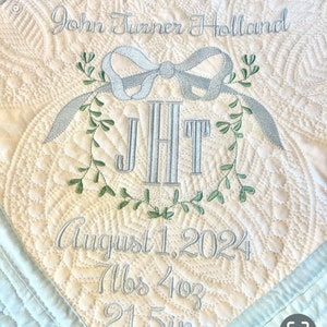 Personalized Embroidered Baby Quilt: Heirloom Monogram, Birth Stats