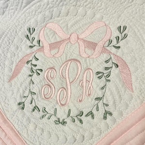 Personalized Baby Quilt: Embroidered Monogram, Vine Frame, Pink Bow