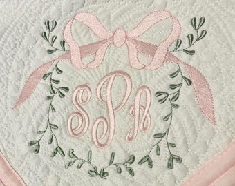 Personalized Heirloom Baby Quilt w/vine frame large Blush or pink bow w/three letter monogram blanket embroidered quilt w/mono and design