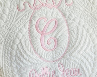 Monogrammed Baby Quilt: Embroidered blanket, Bow Detail, New Mom, Nursery Decor Shower Sprinkle