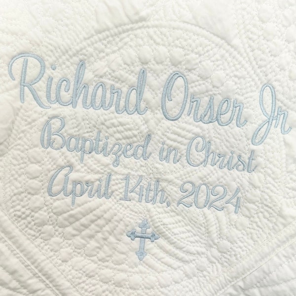 Baptism or Dedication Personalized Quilt includes name and baptism info with cross, Monogrammed Baby Quilt, Nursery blanket, Baby Gift, Baby